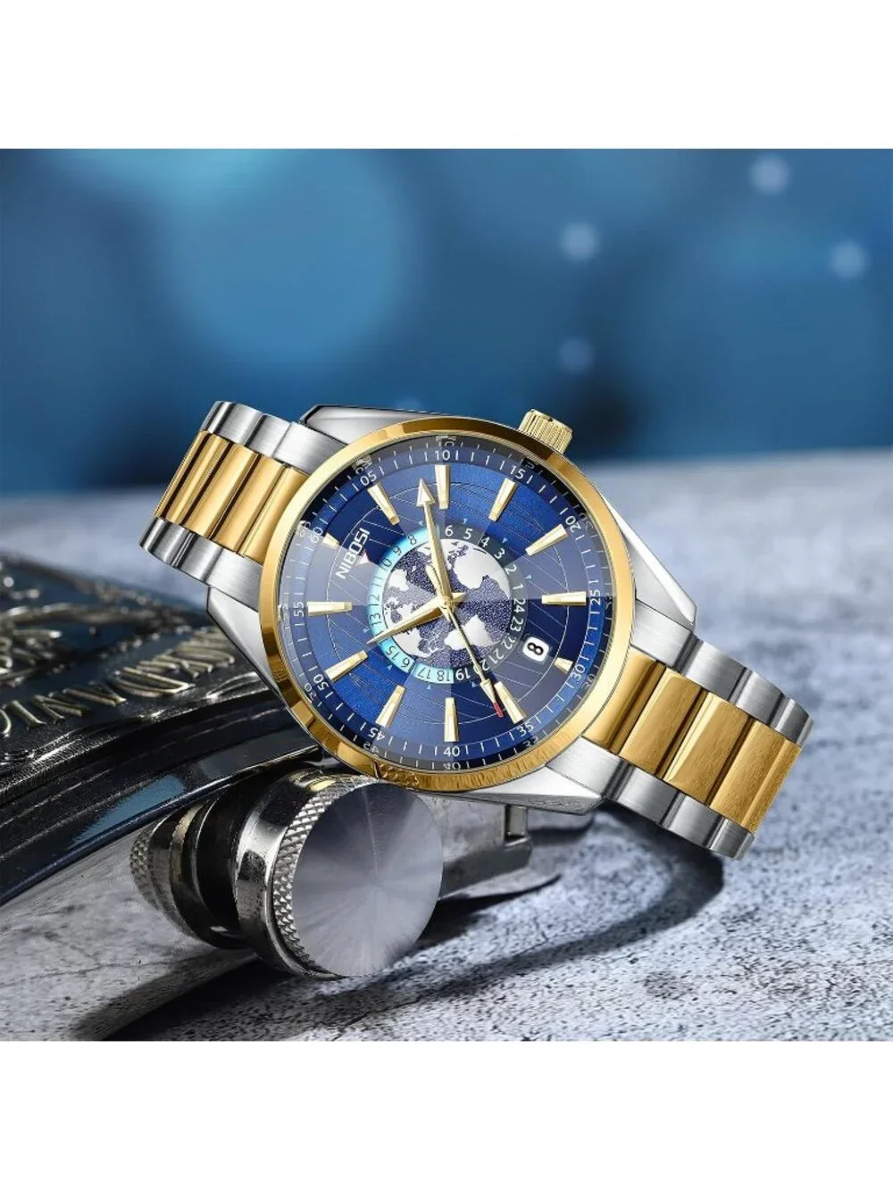 Men's Blue Gold Analog Quartz Stainless Steel Waterproof Casual Wrist Watch